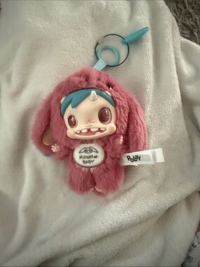 POL Pink Plush Monster Baby Keychain with Teal Hair Accent
